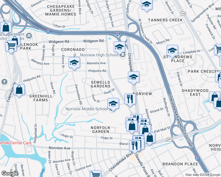 map of restaurants, bars, coffee shops, grocery stores, and more near 6406 Palem Road in Norfolk