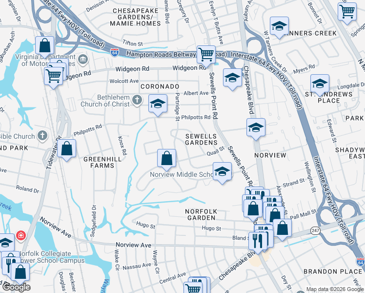 map of restaurants, bars, coffee shops, grocery stores, and more near 6429 Dove Street in Norfolk
