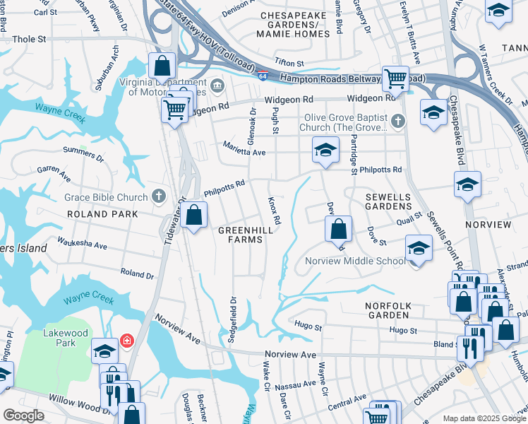 map of restaurants, bars, coffee shops, grocery stores, and more near 6376 Glenoak Drive in Norfolk