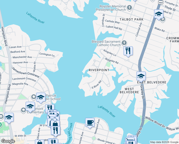 map of restaurants, bars, coffee shops, grocery stores, and more near 6041 River Road Point in Norfolk