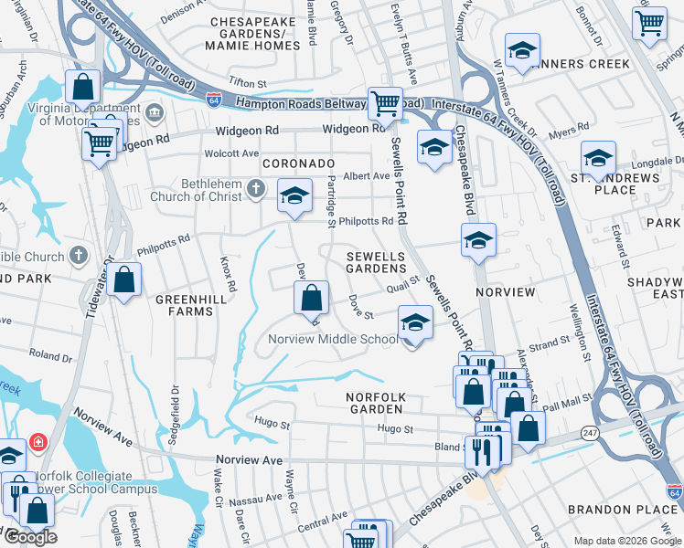 map of restaurants, bars, coffee shops, grocery stores, and more near 6429 Dove Street in Norfolk