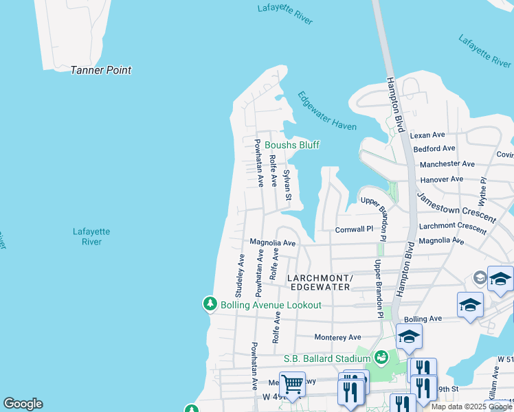 map of restaurants, bars, coffee shops, grocery stores, and more near 6109 Powhatan Avenue in Norfolk