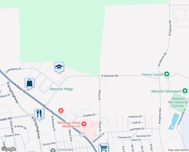 map of restaurants, bars, coffee shops, grocery stores, and more near East Salcedo Road in Sikeston