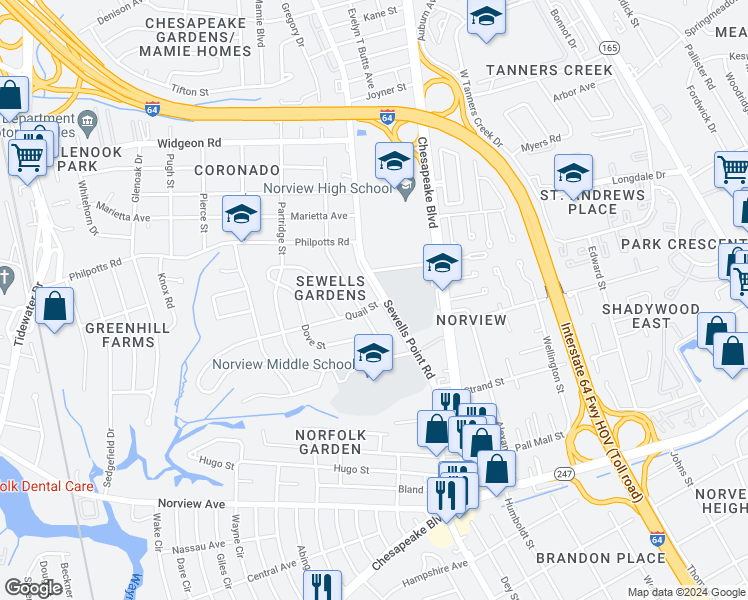 map of restaurants, bars, coffee shops, grocery stores, and more near 6401 Sewells Point Road in Norfolk