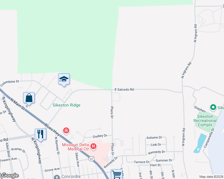 map of restaurants, bars, coffee shops, grocery stores, and more near East Salcedo Road in Sikeston