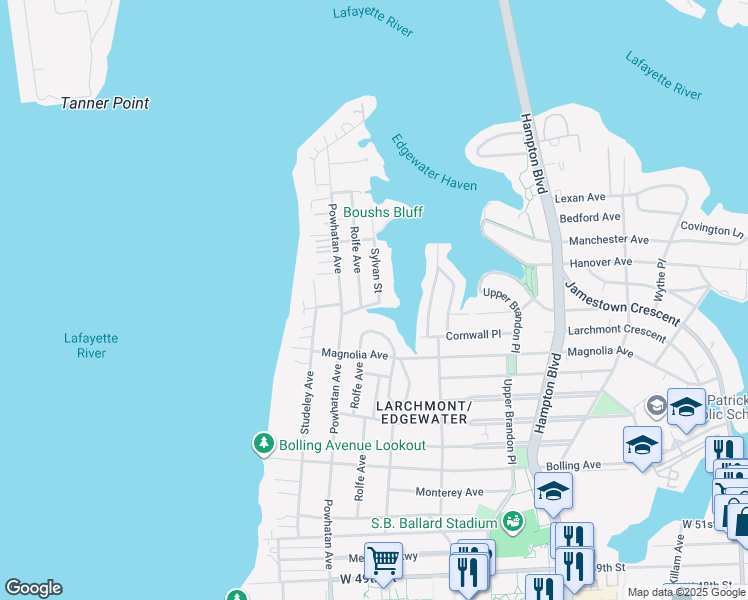 map of restaurants, bars, coffee shops, grocery stores, and more near 6101 Sylvan Street in Norfolk