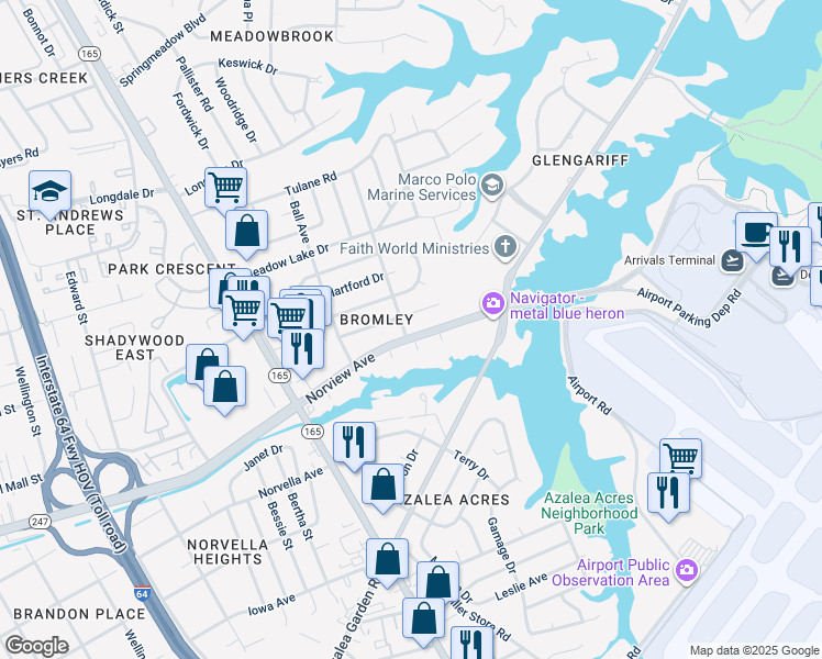 map of restaurants, bars, coffee shops, grocery stores, and more near 1828 Norview Avenue in Norfolk