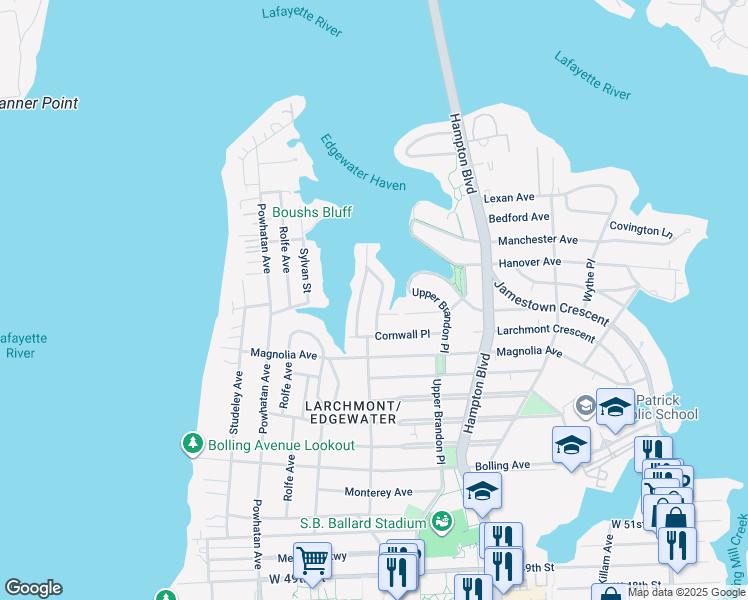 map of restaurants, bars, coffee shops, grocery stores, and more near 6037 Eastwood Terrace in Norfolk