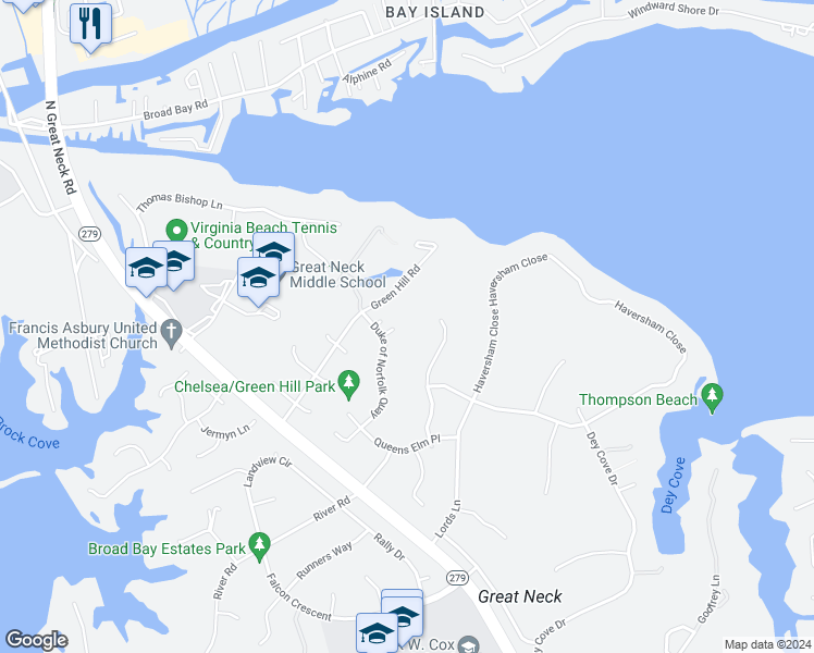 map of restaurants, bars, coffee shops, grocery stores, and more near 2500 Cheyne Walk in Virginia Beach