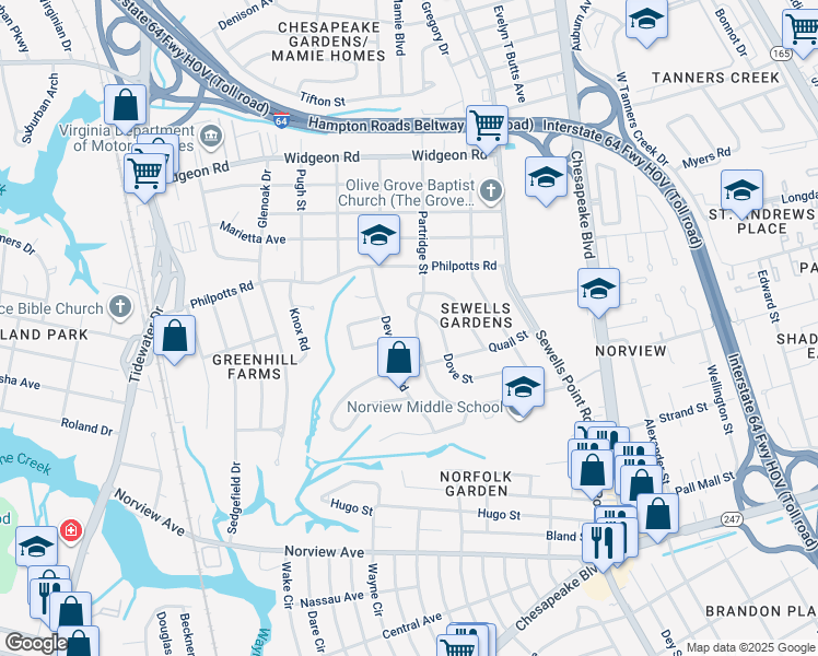map of restaurants, bars, coffee shops, grocery stores, and more near 6429 Partridge Street in Norfolk