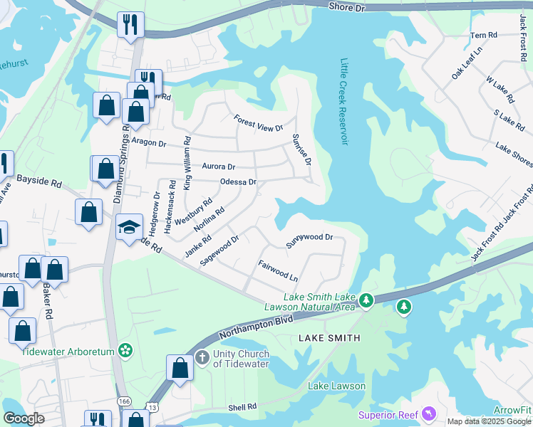 map of restaurants, bars, coffee shops, grocery stores, and more near 5520 Sunnywood Drive in Virginia Beach