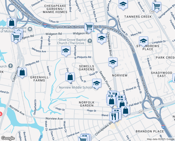 map of restaurants, bars, coffee shops, grocery stores, and more near 6422 Clare Road in Norfolk