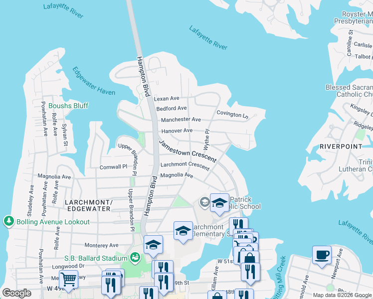 map of restaurants, bars, coffee shops, grocery stores, and more near 1108 Jamestown Crescent in Norfolk