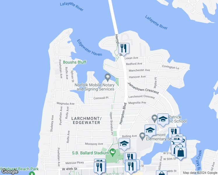 map of restaurants, bars, coffee shops, grocery stores, and more near 1317 Upper Brandon Place in Norfolk