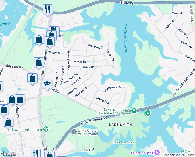 map of restaurants, bars, coffee shops, grocery stores, and more near 5520 Sunnywood Drive in Virginia Beach