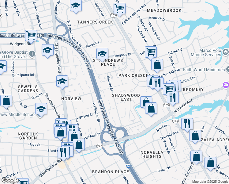 map of restaurants, bars, coffee shops, grocery stores, and more near 6352 Edward Street in Norfolk