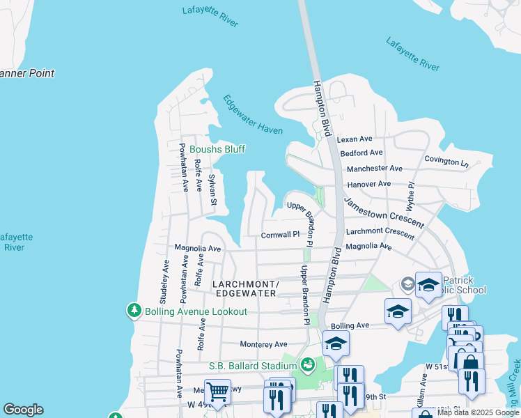 map of restaurants, bars, coffee shops, grocery stores, and more near 6037 Eastwood Terrace in Norfolk