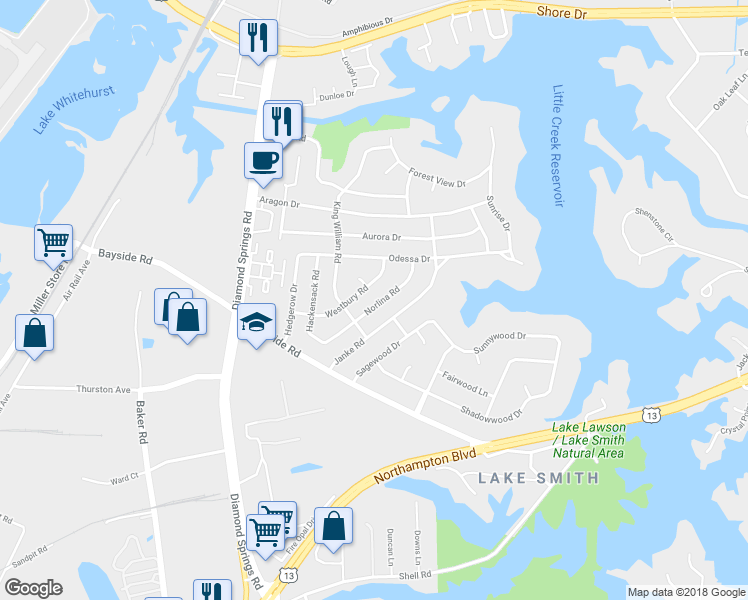map of restaurants, bars, coffee shops, grocery stores, and more near 5537 Norlina Road in Virginia Beach