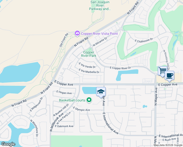 map of restaurants, bars, coffee shops, grocery stores, and more near 1423 East Via Marbella Drive in Fresno