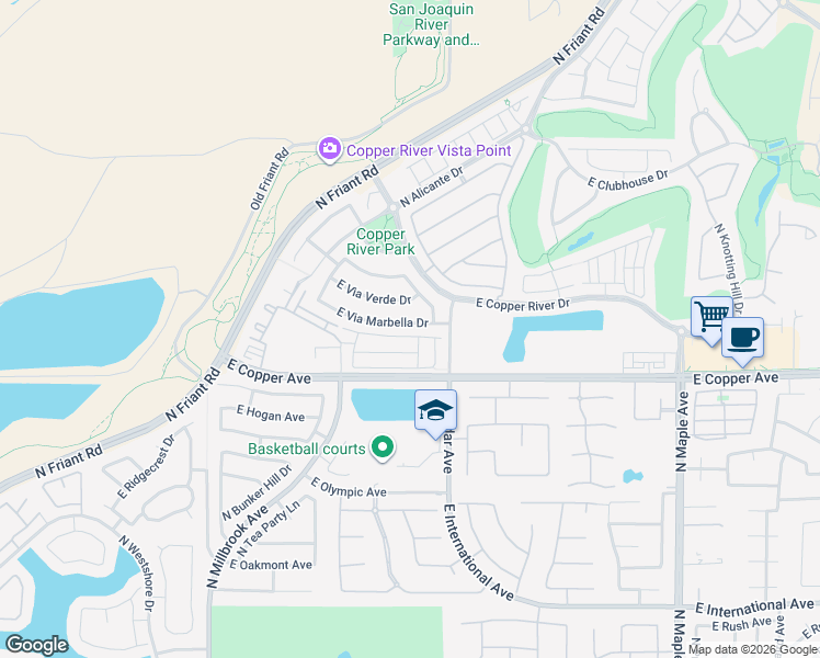 map of restaurants, bars, coffee shops, grocery stores, and more near 1423 East Via Marbella Drive in Fresno