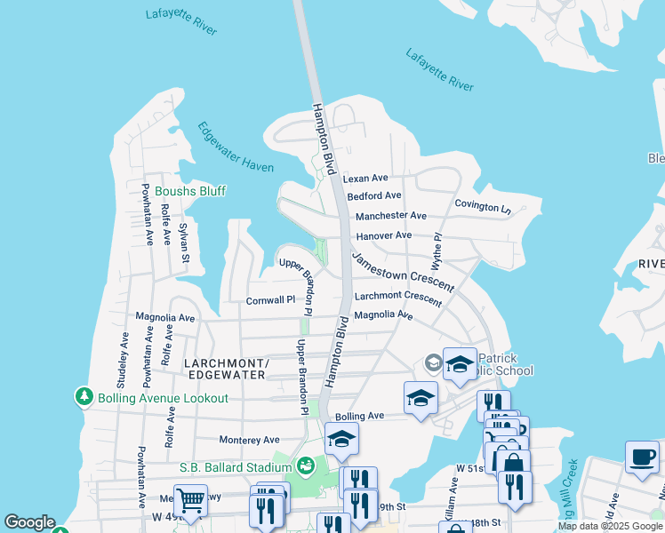 map of restaurants, bars, coffee shops, grocery stores, and more near 6104 Myrtle Park in Norfolk