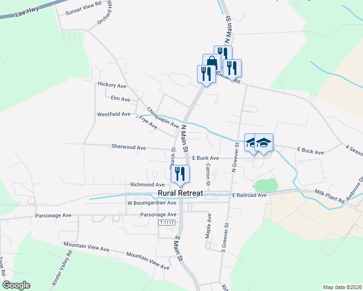 map of restaurants, bars, coffee shops, grocery stores, and more near 307 North Main Street in Rural Retreat