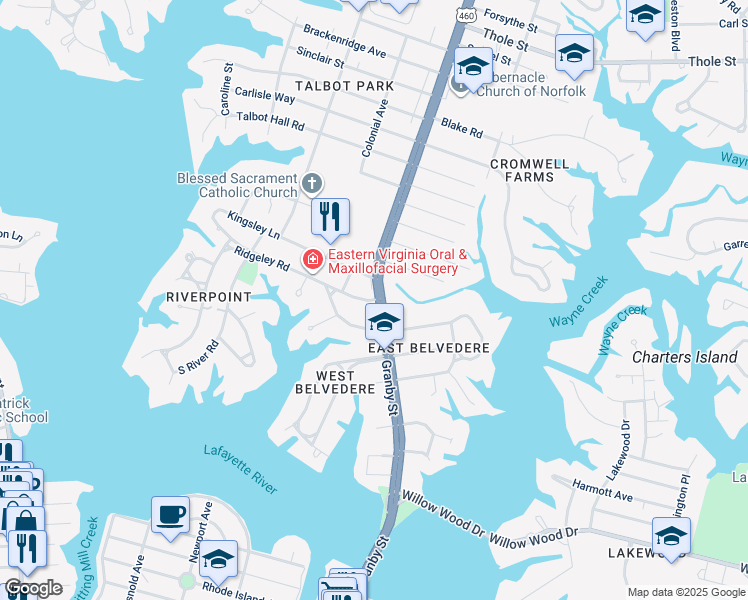 map of restaurants, bars, coffee shops, grocery stores, and more near 6111 Granby Street in Norfolk