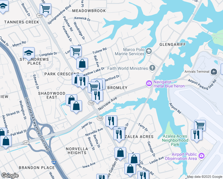 map of restaurants, bars, coffee shops, grocery stores, and more near 1812 McDowell Road in Norfolk