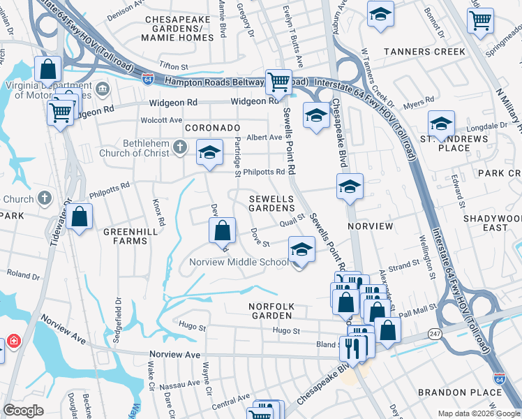 map of restaurants, bars, coffee shops, grocery stores, and more near 6422 Clare Road in Norfolk