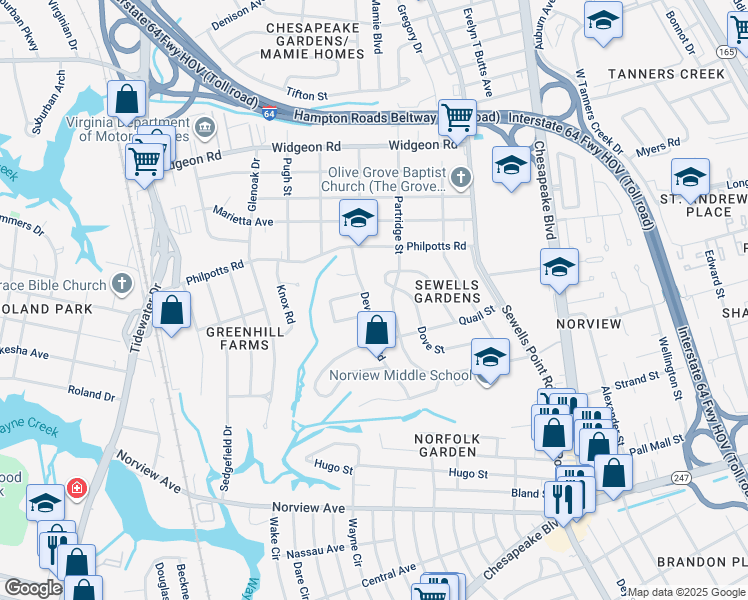 map of restaurants, bars, coffee shops, grocery stores, and more near 6429 Partridge Street in Norfolk