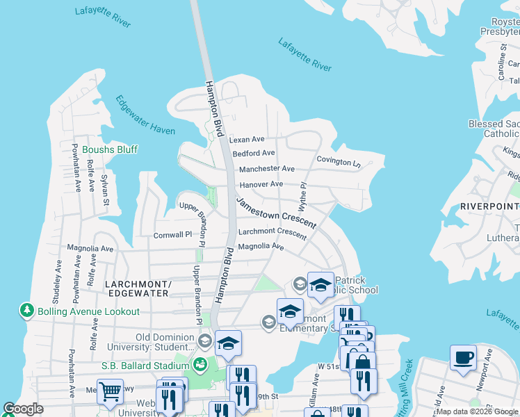 map of restaurants, bars, coffee shops, grocery stores, and more near 1108 Jamestown Crescent in Norfolk