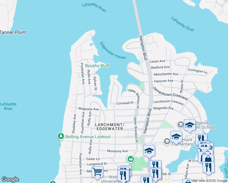 map of restaurants, bars, coffee shops, grocery stores, and more near 6037 Eastwood Terrace in Norfolk