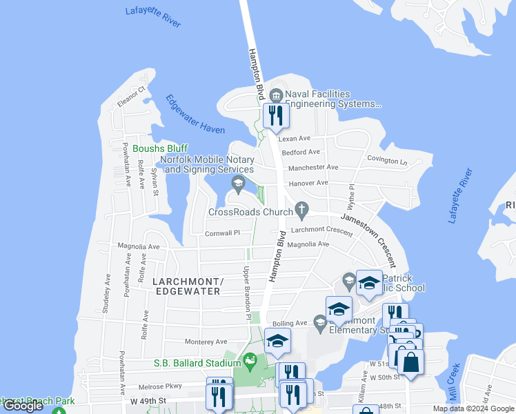 map of restaurants, bars, coffee shops, grocery stores, and more near 1301 Surrey Crescent in Norfolk