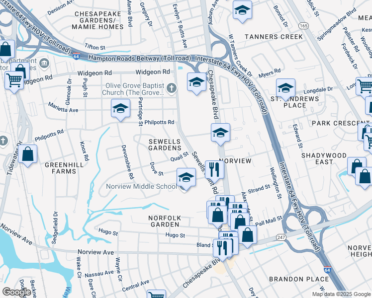 map of restaurants, bars, coffee shops, grocery stores, and more near 6407 Sewells Point Road in Norfolk
