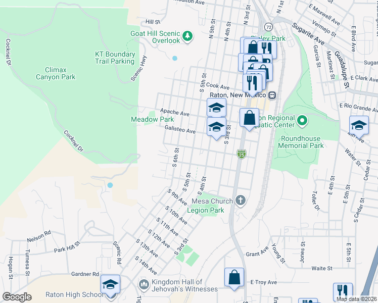 map of restaurants, bars, coffee shops, grocery stores, and more near 600 South 5th Street in Raton
