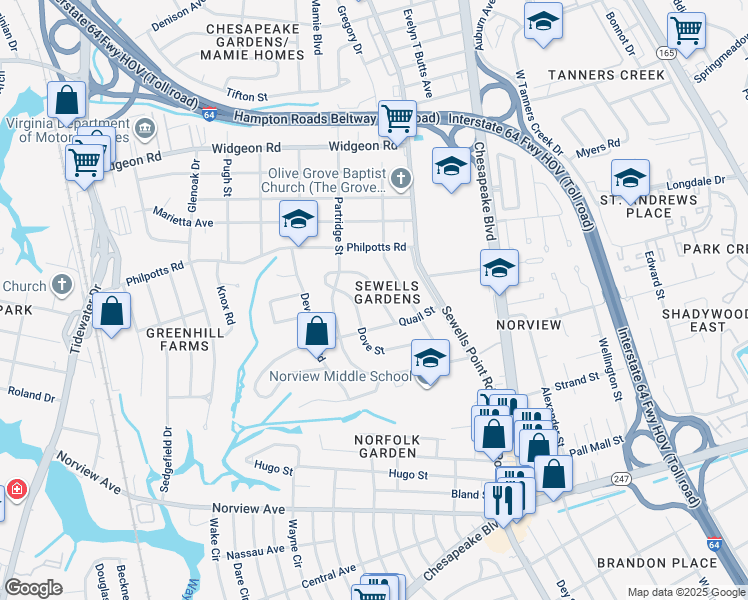 map of restaurants, bars, coffee shops, grocery stores, and more near 6429 Clare Road in Norfolk