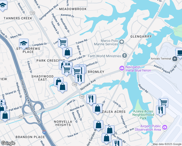 map of restaurants, bars, coffee shops, grocery stores, and more near 1812 McDowell Road in Norfolk