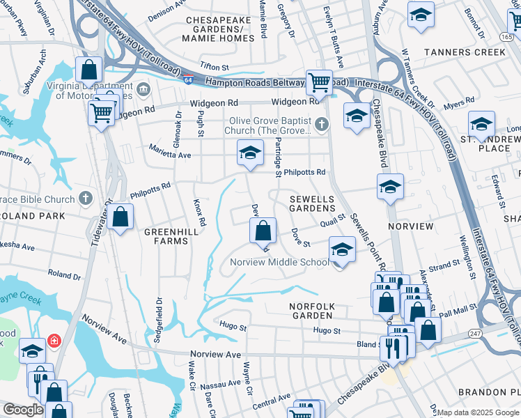 map of restaurants, bars, coffee shops, grocery stores, and more near 6429 Partridge Street in Norfolk