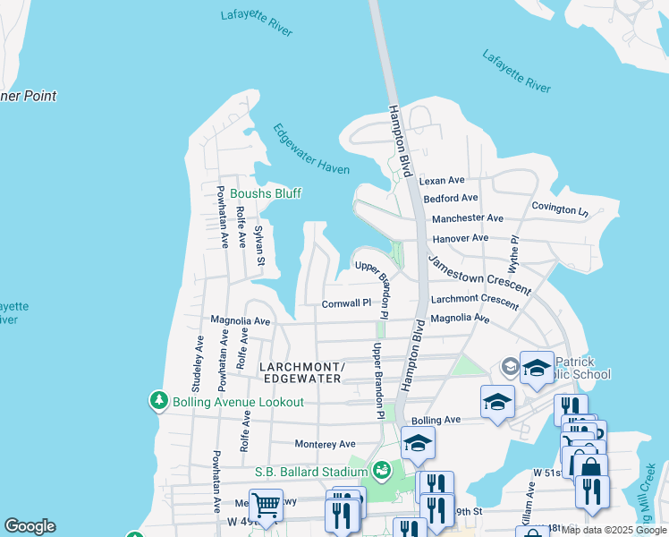 map of restaurants, bars, coffee shops, grocery stores, and more near 6040 Eastwood Terrace in Norfolk