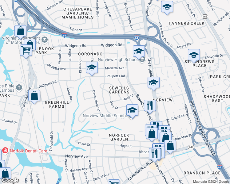 map of restaurants, bars, coffee shops, grocery stores, and more near 6429 Clare Road in Norfolk