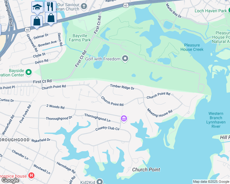 map of restaurants, bars, coffee shops, grocery stores, and more near 1716 Timber Ridge Court in Virginia Beach