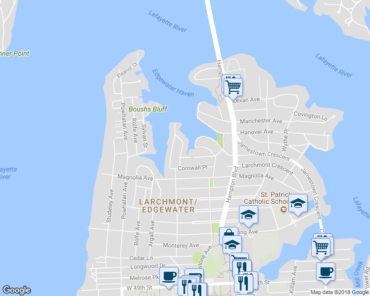 map of restaurants, bars, coffee shops, grocery stores, and more near 6040 Eastwood Terrace in Norfolk