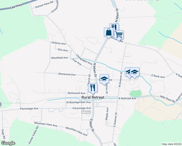 map of restaurants, bars, coffee shops, grocery stores, and more near 307 North Main Street in Rural Retreat