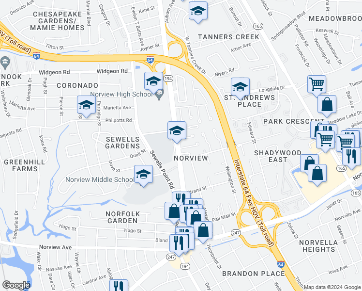 map of restaurants, bars, coffee shops, grocery stores, and more near 1200 Underwood Avenue in Norfolk