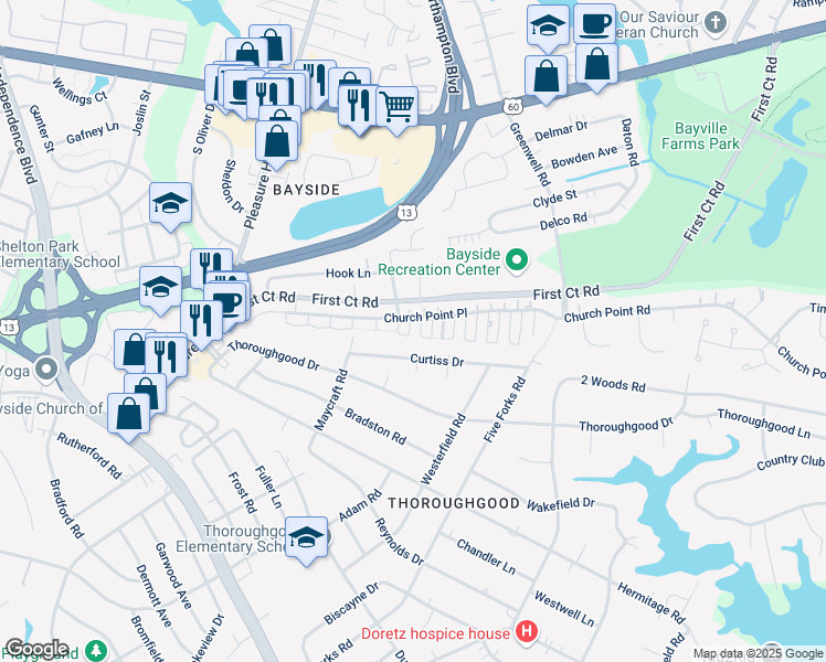 map of restaurants, bars, coffee shops, grocery stores, and more near 1705 Pilgrims Mews in Virginia Beach