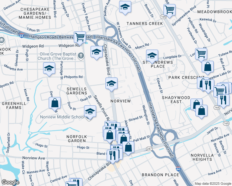map of restaurants, bars, coffee shops, grocery stores, and more near 1208 Underwood Avenue in Norfolk