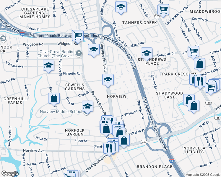 map of restaurants, bars, coffee shops, grocery stores, and more near 1200 Underwood Avenue in Norfolk