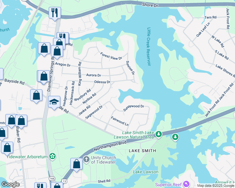 map of restaurants, bars, coffee shops, grocery stores, and more near 5520 Sunnywood Drive in Virginia Beach