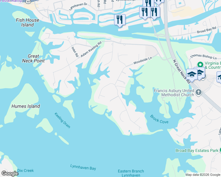 map of restaurants, bars, coffee shops, grocery stores, and more near 2909 Estates Drive in Virginia Beach