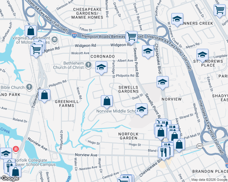 map of restaurants, bars, coffee shops, grocery stores, and more near 6429 Dove Street in Norfolk